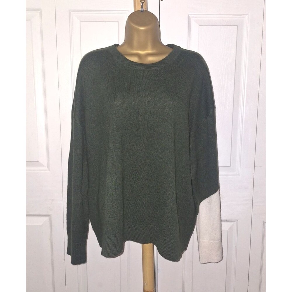 NWT Merino Wool Cashmere Sweater Men'x XL Crewneck Colorblock Olive Cream Layer